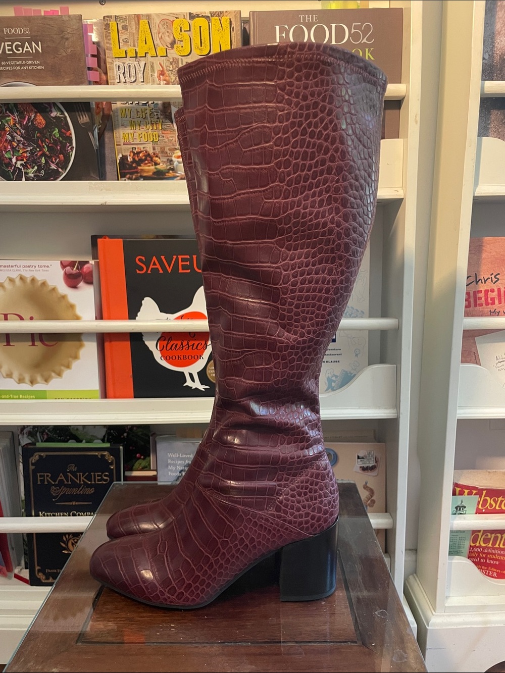 Croc-Embossed Tall Knee Boots in Deep Burgundy - Picture 3 of 12